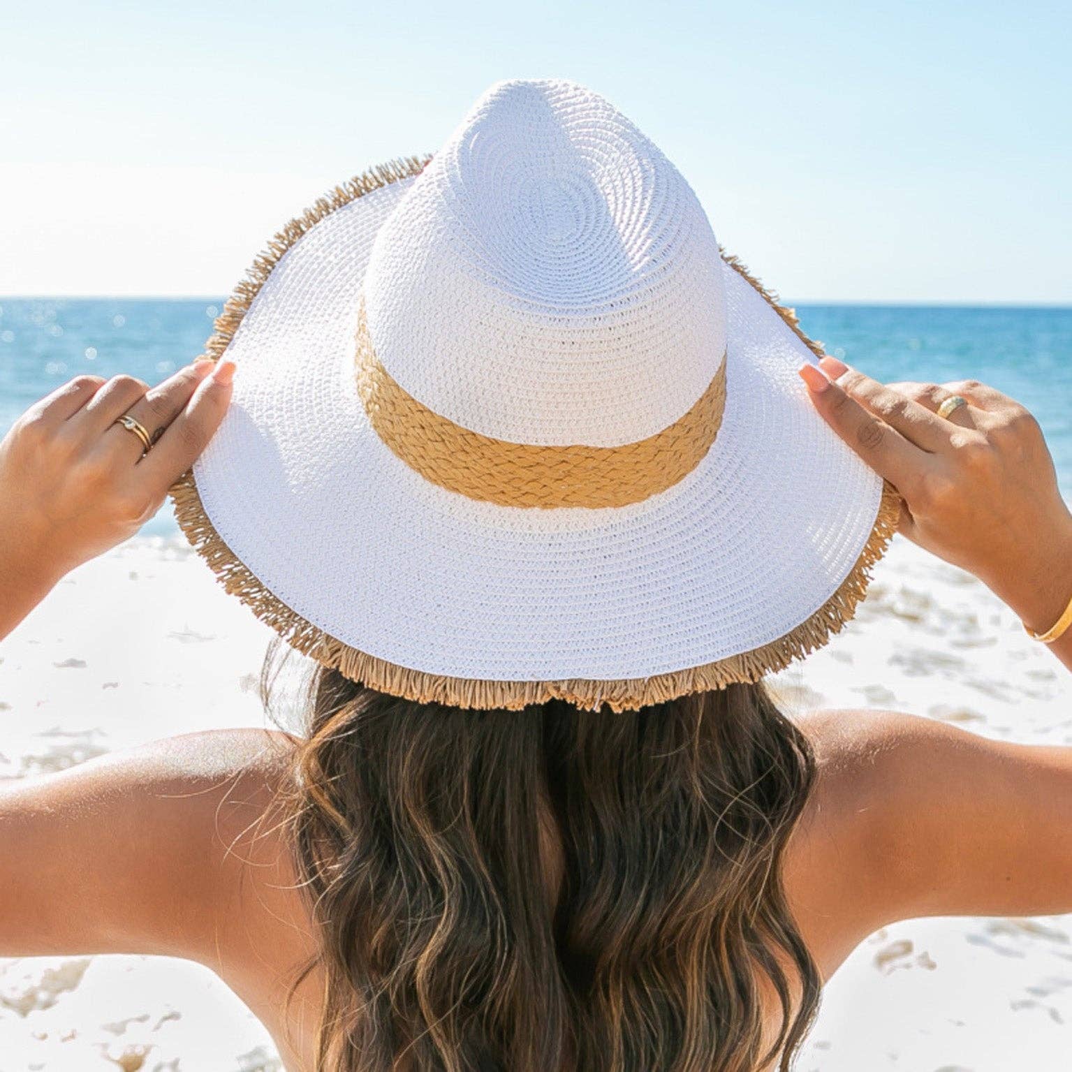 Fray-Edge Straw Fedora Hat- Black and White