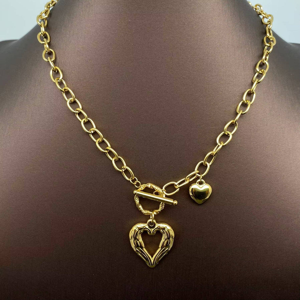 Double Heart Winged Charm Buckle Necklace
