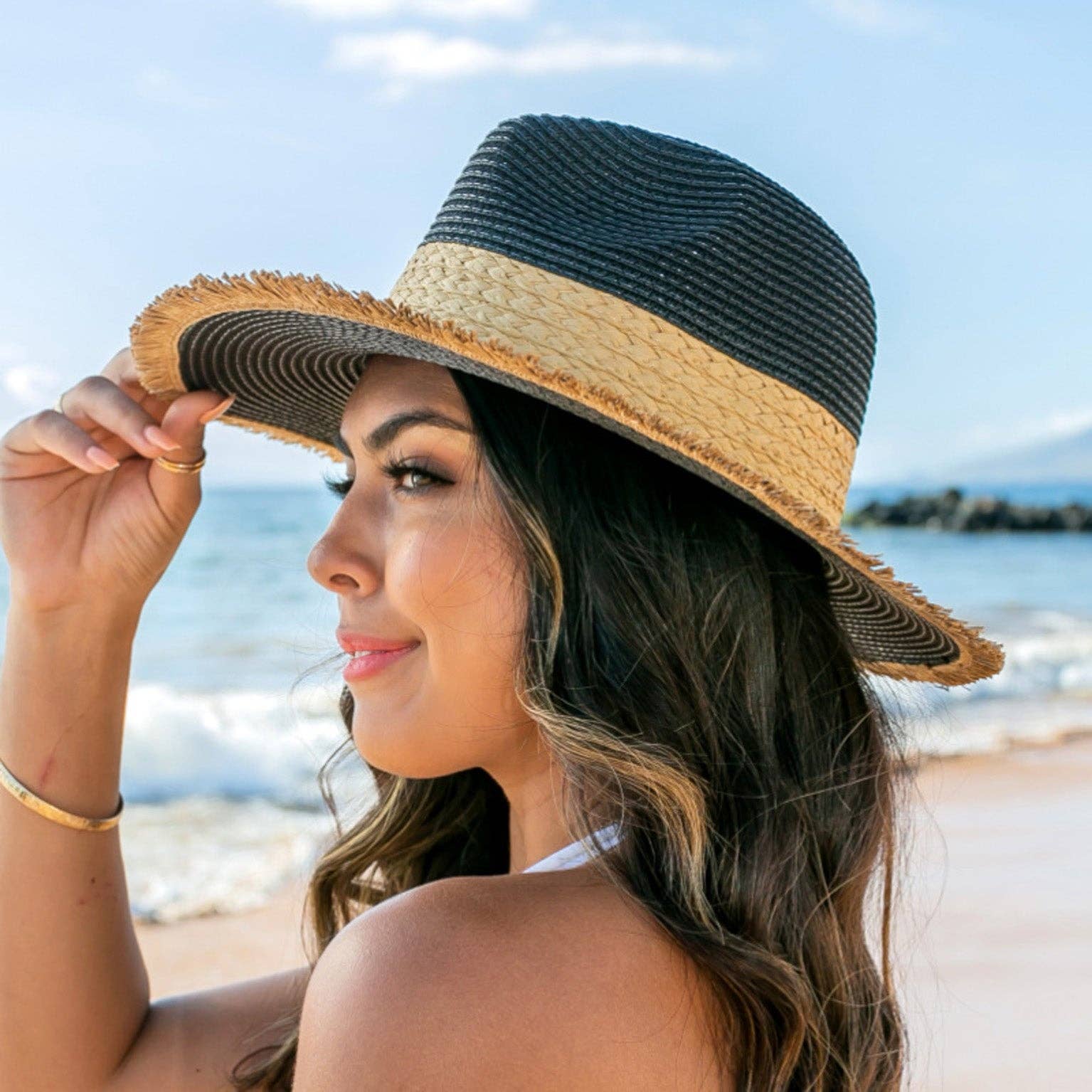Fray-Edge Straw Fedora Hat- Black and White