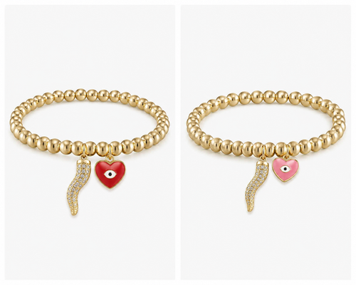 Brandi Heart Horn Evil Eye Beaded Bracelet Gold Stretch - Red/Gold or Pink/Gold
